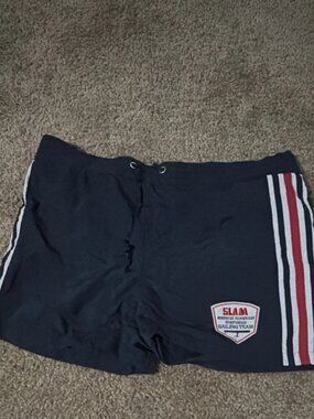 Vintage SLAM Men's XL Swim Shorts Navy Red White Striped Drawstring Mesh Lining